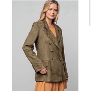 Easel Luxurious Green Suede-like Double Breasted Long Blazer Large